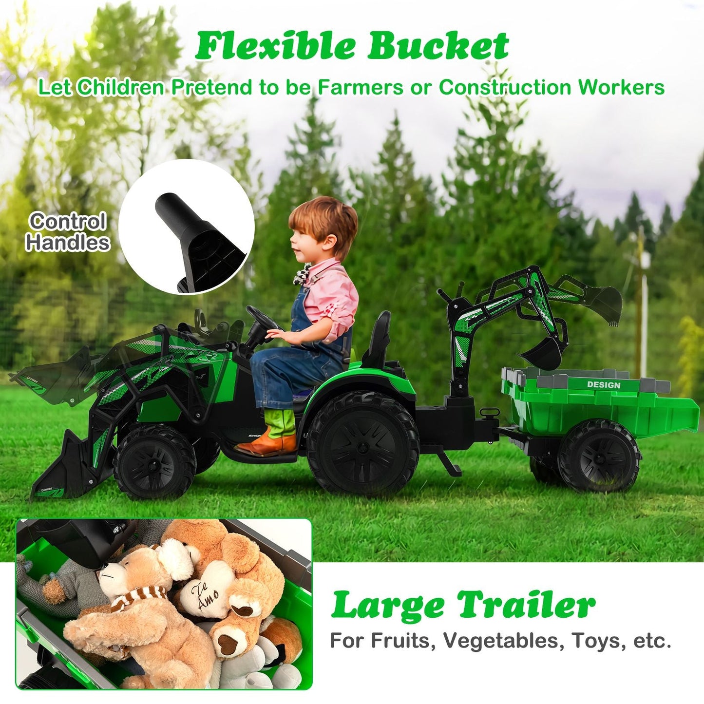 3 in 1 Ride on Tractor and Trailer with Shovel Bucket