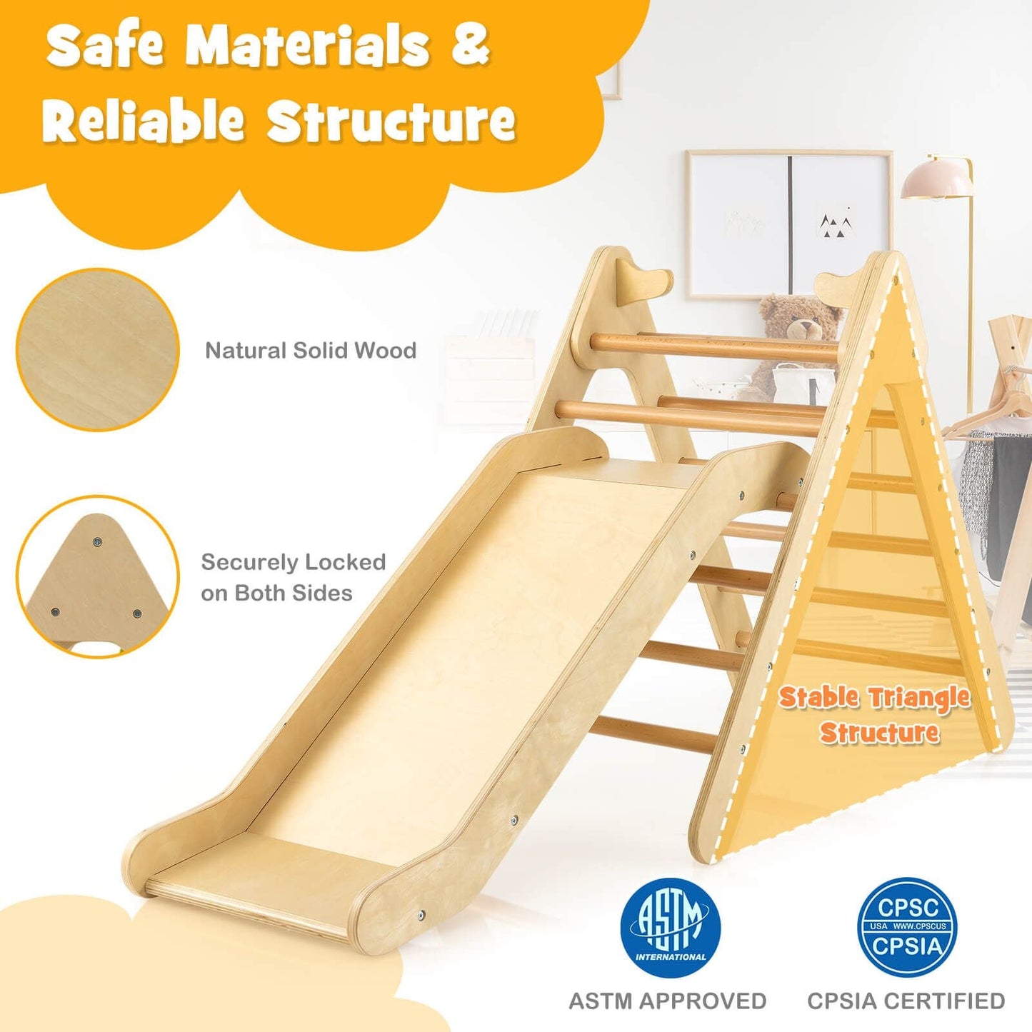2-In-1 Wooden Triangle Climbing Toy with Gradient Adjustable Slide