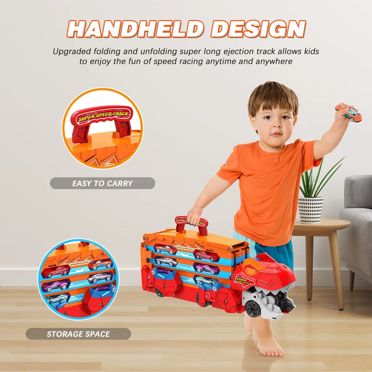 Dinosaur 3-in-1 Transport Truck with 8 Race Cars - Ejection Folding Portable Track Toy with Sound for Kids Age 3+