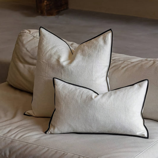 Soft Luxurious Imitation Linen White Cushion Cover with Black Piping