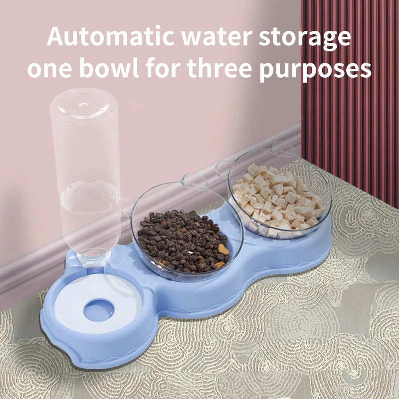 Cat Food Double Bowls Slow Feeder With Waterer Bottle