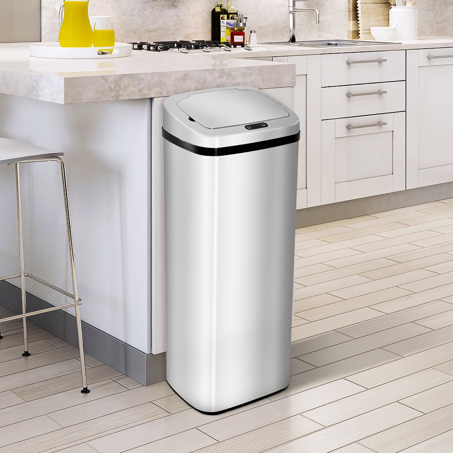 50L Motion Sensor Trash Bin - ABS, Silver/Black, Touchless Lid