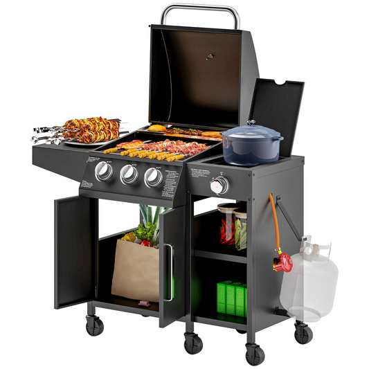 9.5 kW Gas BBQ Grill: 3 Burners, Side Burner & Storage Cabinet
