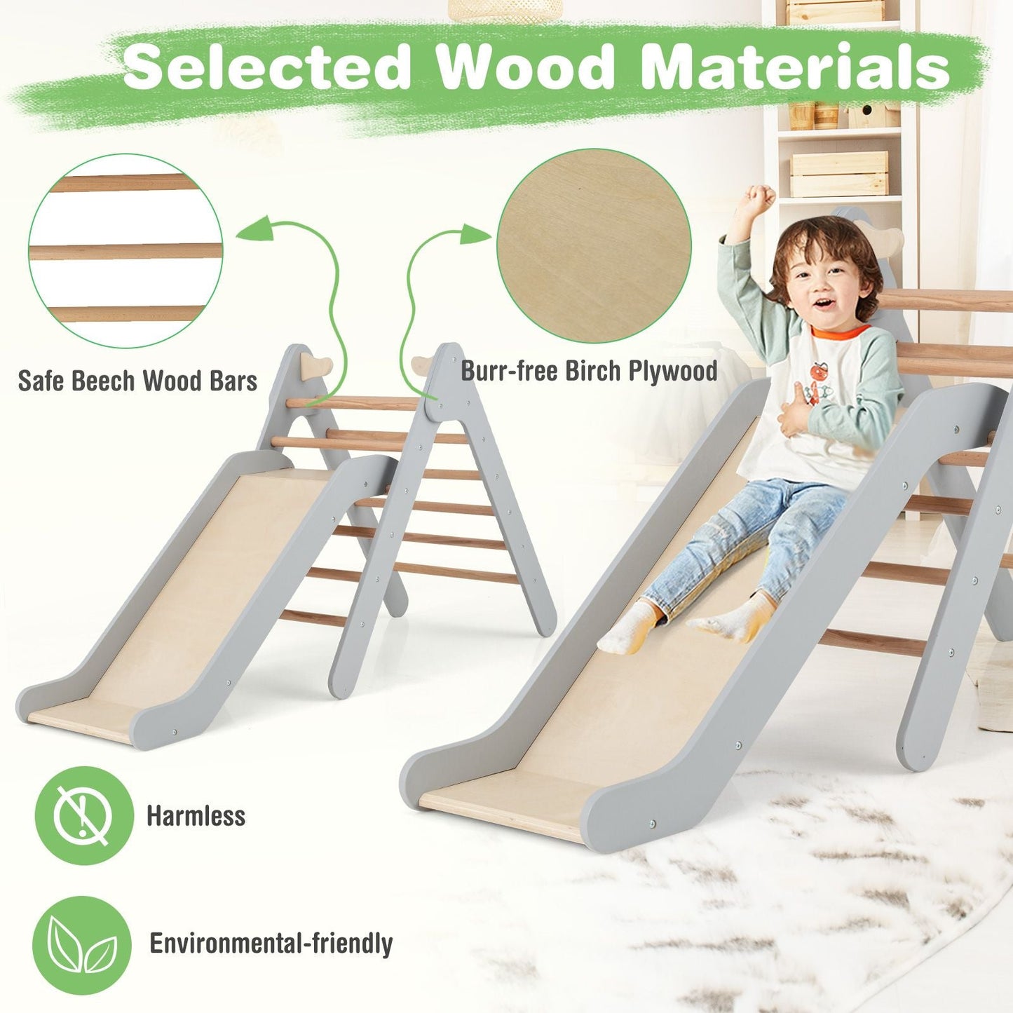 2-In-1 Wooden Triangle Climbing Toy with Gradient Adjustable Slide