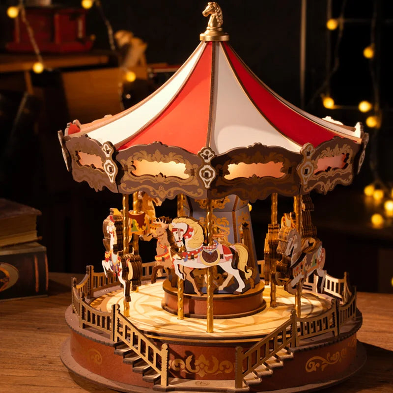 Rolife Classic Carousel Music Box - Easy Assemble 3D Wooden Puzzle with Light - Perfect Xmas Gift for Family