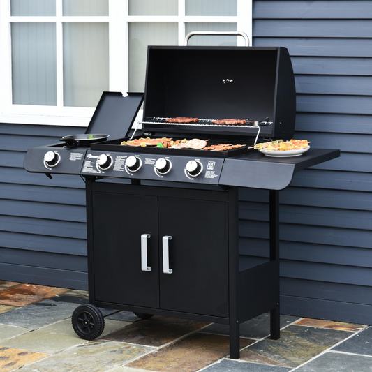 4-Burner Gas BBQ Grill with Side Burner & Easy-Move Wheels