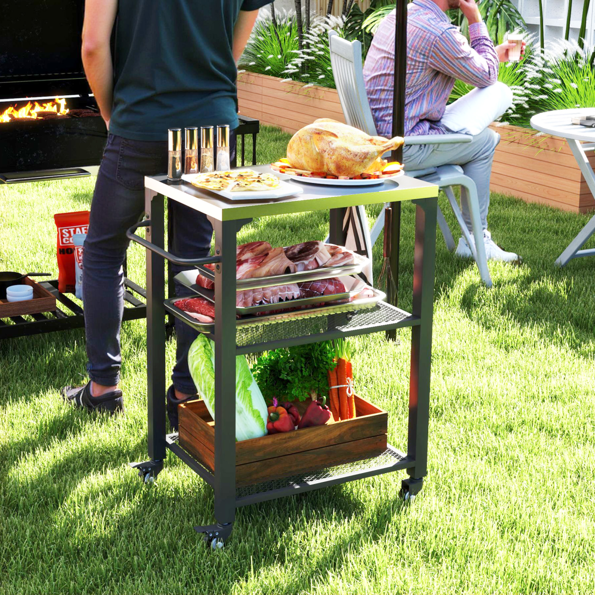 Stainless Steel 3-Shelf Outdoor Grill Cart