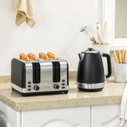 1.7L Quick Boil Kettle & 4-Slice Toaster Set - Black Breakfast Duo!