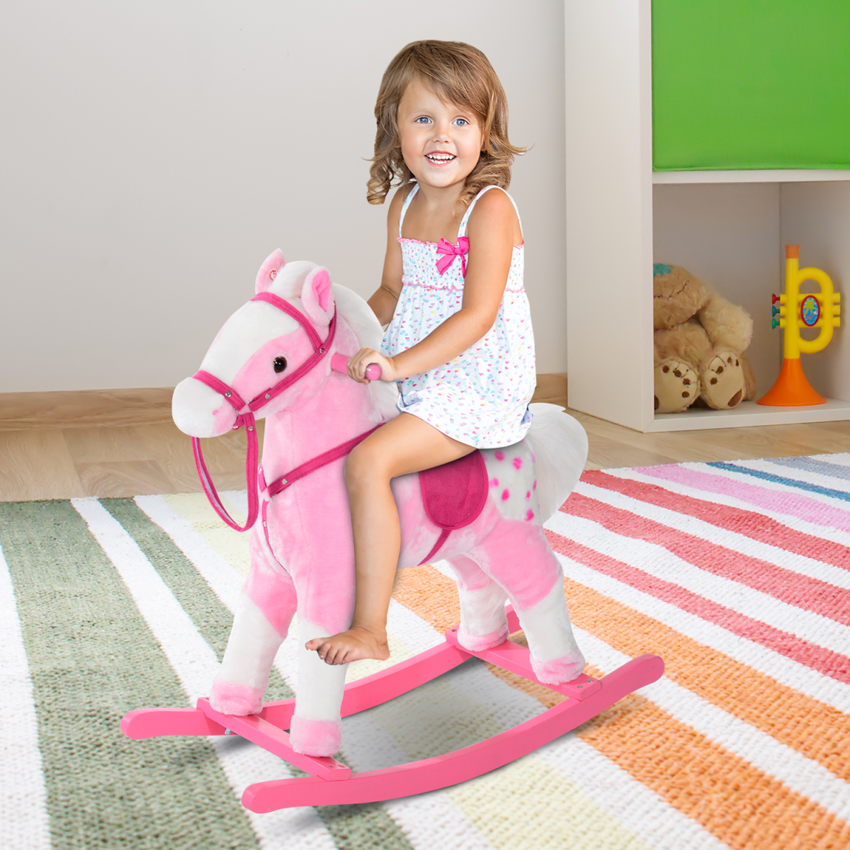 Neighing Plush Rocking Horse Toy Classic Wood Pony