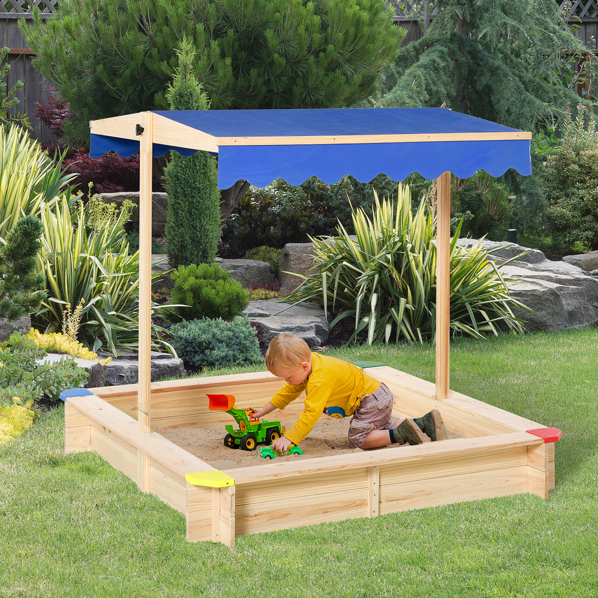Adjustable Kids Wooden Sandbox Playset with Canopy & Bench