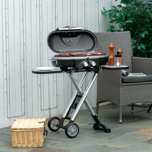 Portable 2-Burner Gas BBQ Grill with Foldable Trolley & Side Storage