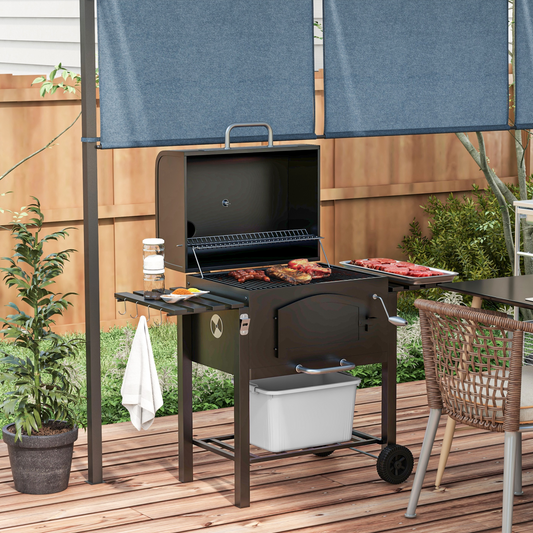Adjustable Charcoal BBQ Trolley with Thermometer & Lid Handle