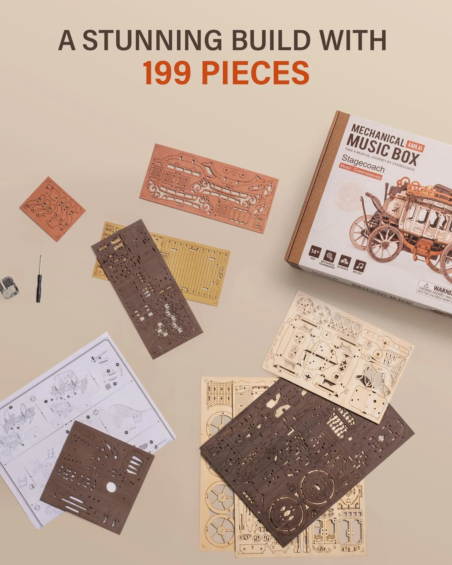 Rokr Stagecoach Music Box 3D Wooden Puzzle - Perfect Gift for Adults, Easy to Build STEM Hobby Kit for Birthdays and Anniversaries