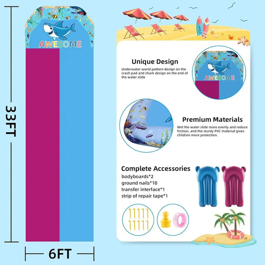 33 FT Extra Long Double Lawn Water Slide for Kids & Adults