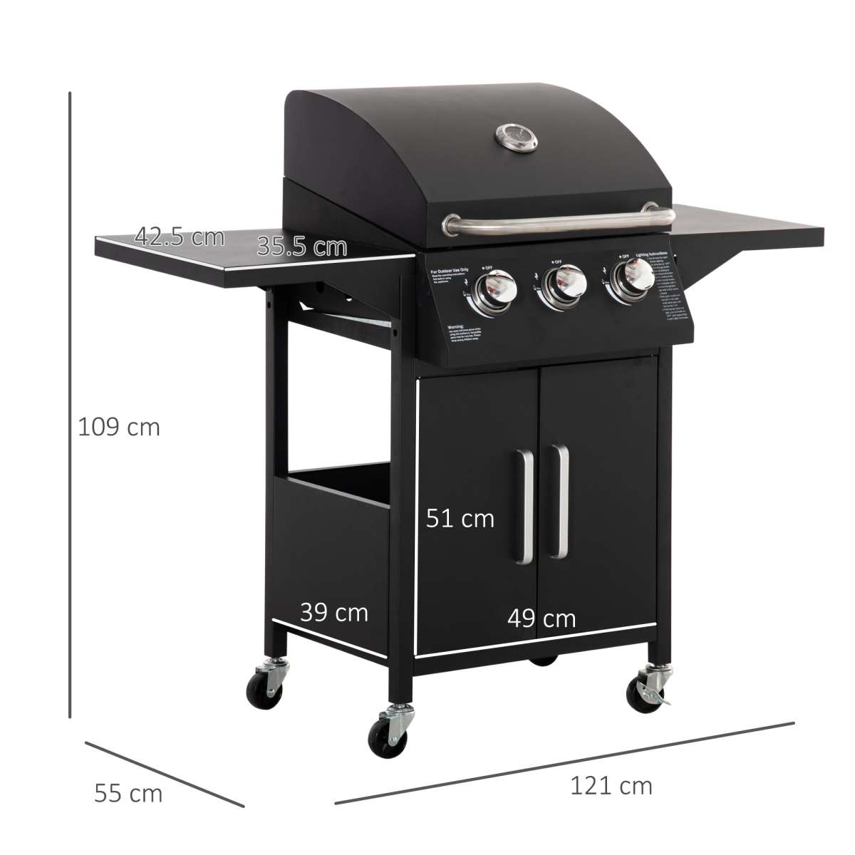 3-Burner Portable Gas BBQ Grill with Storage Cabinet