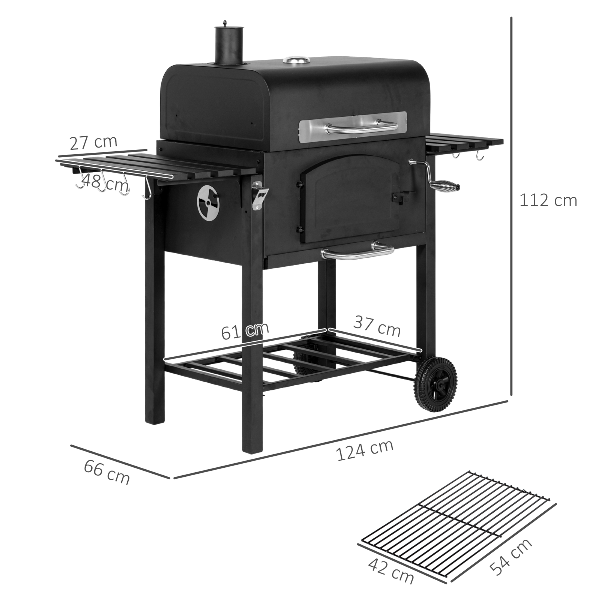 Adjustable Charcoal BBQ Trolley with Thermometer & Lid Handle