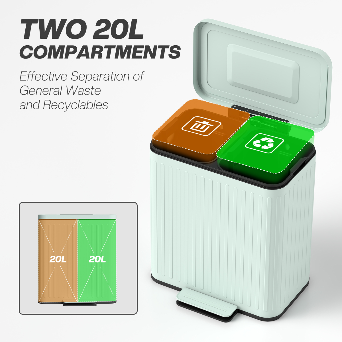 40L Dual Compartment Pedal Bin - Soft-Close, Stylish Green design