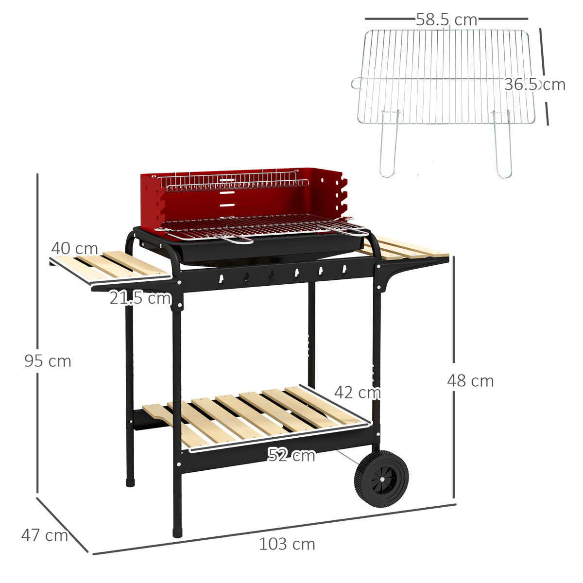 Charcoal BBQ Grill Trolley 5-Level Height & Storage Shelves
