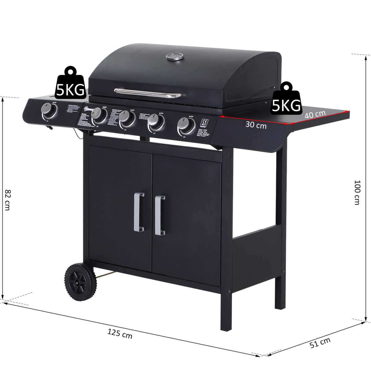 4-Burner Gas BBQ Grill with Side Burner & Easy-Move Wheels