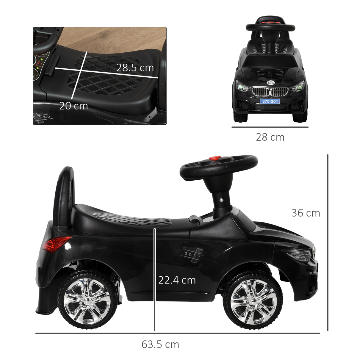 Kids Ride-On Car: Stylish Black Toddler Walker with Music & Storage