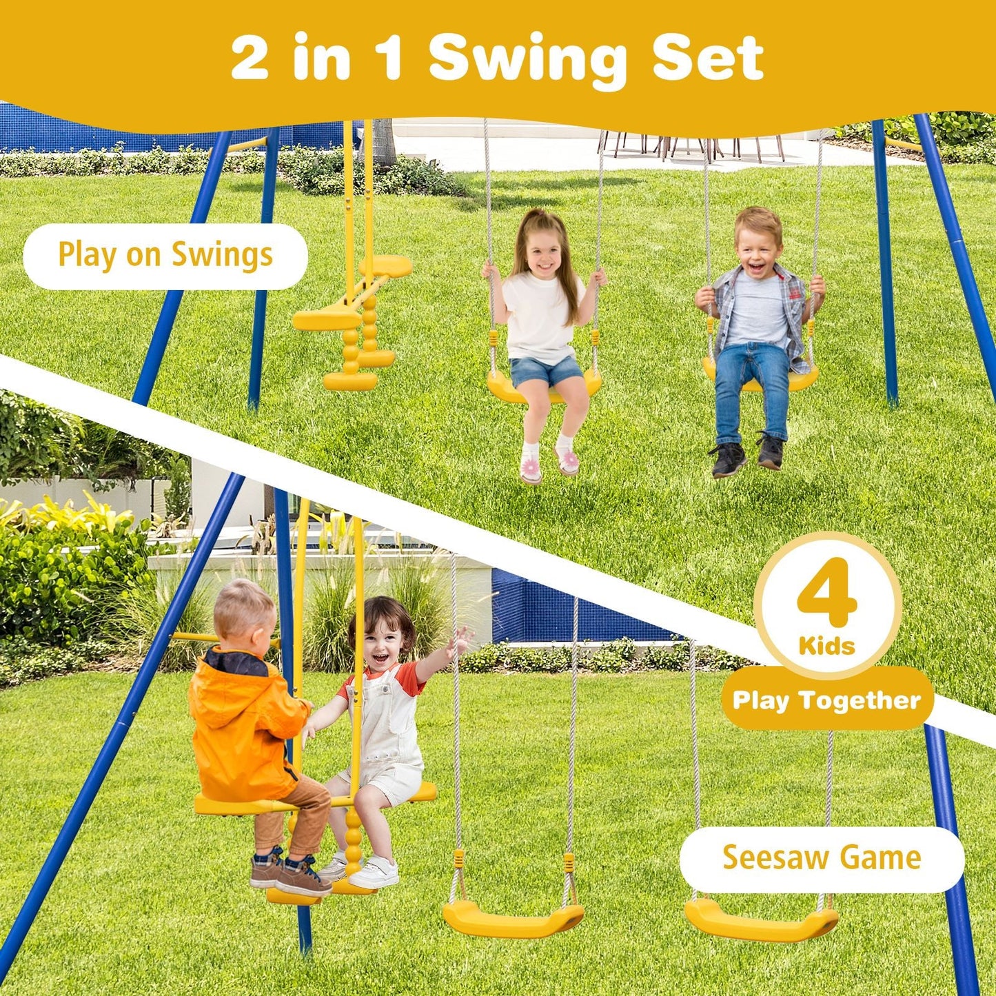Heavy-Duty Kids Playset with 2 Swing Seats and 2 Glider Seats for Children 3-12 Years Old