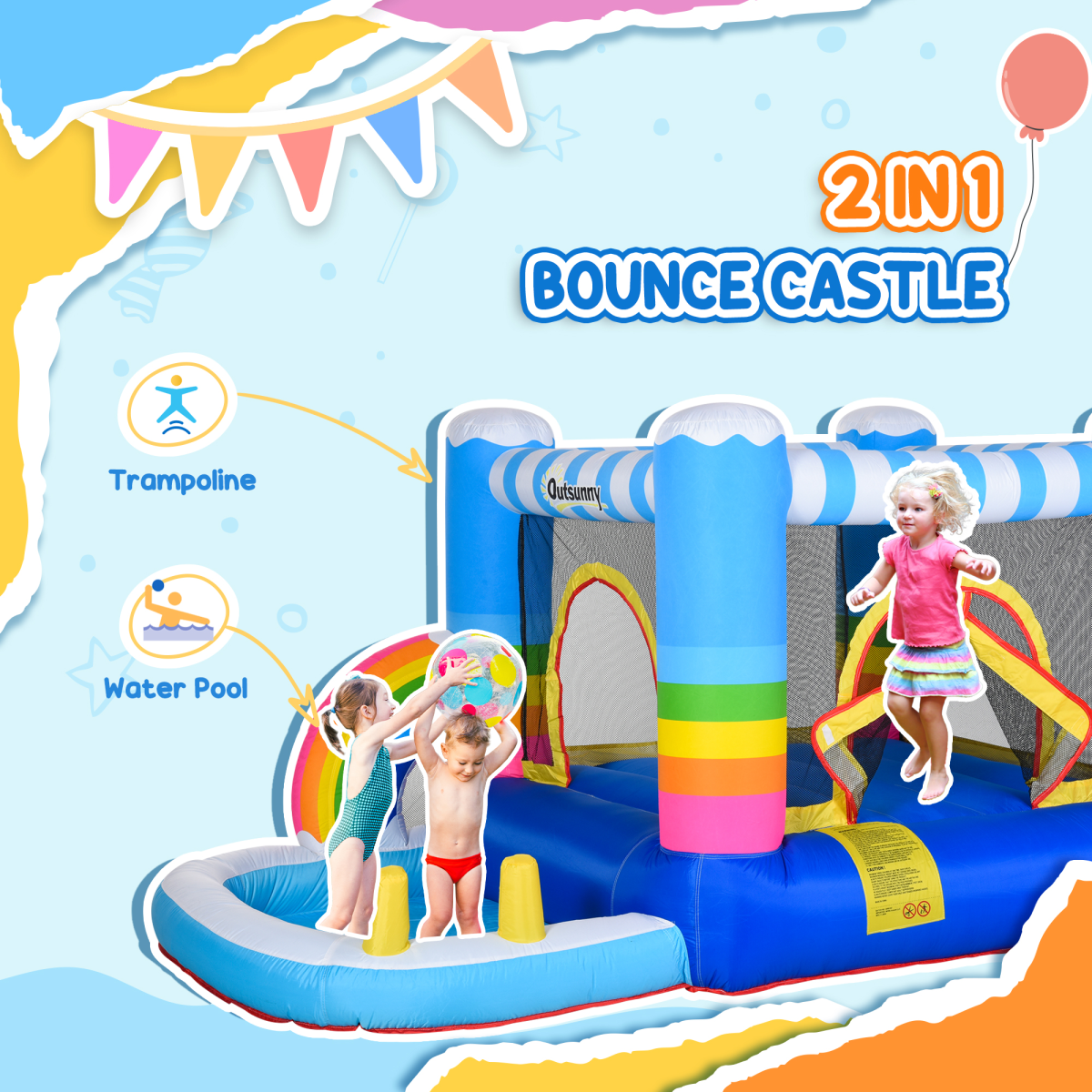 Rainbow Adventure Kids Bouncy Castle & Pool Trampoline