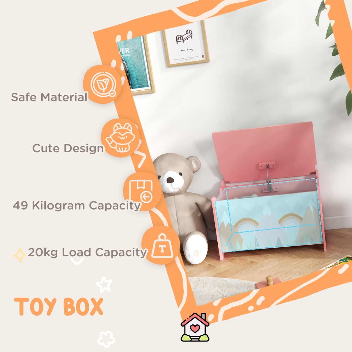 ZONEKIZ Pink Toy Box Stylish Storage Chest for Kids Toys & Games