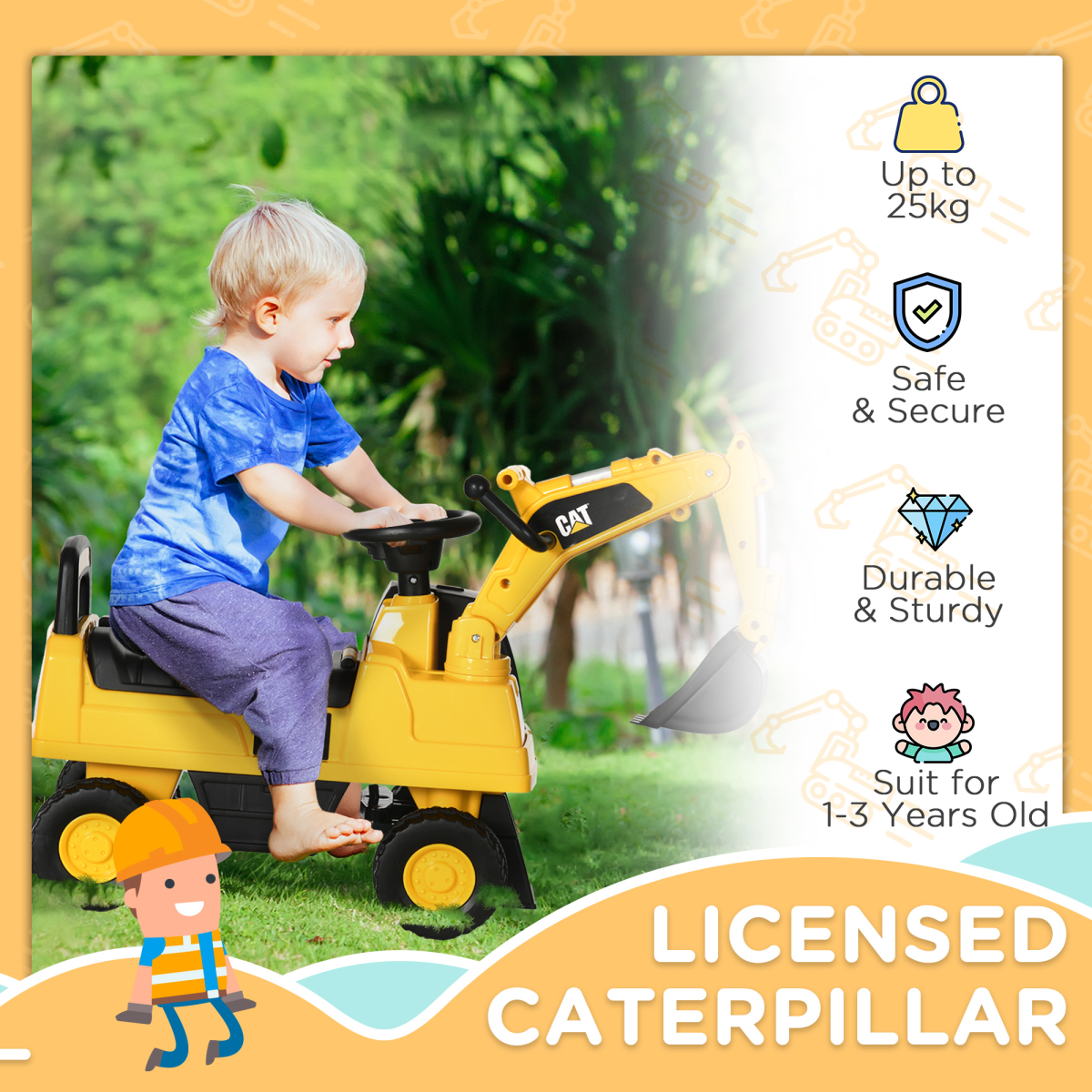 CAT Licensed Kids Ride-On Digger with Controllable Shovel - Age 1-3