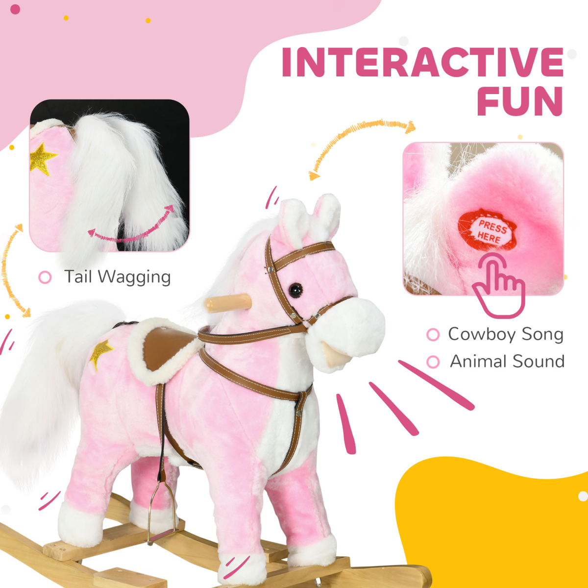 Pink Wooden Rocking Horse for Kids 3-6 Years