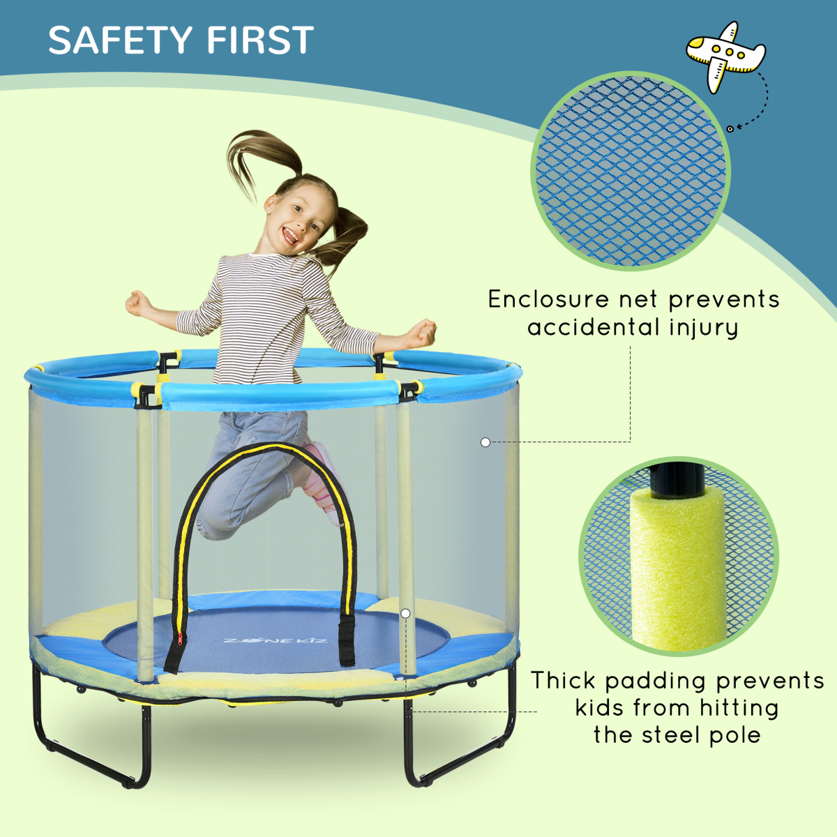 ZONEKIZ 4.6FT Bungee Trampoline with Safety Net for Kids - Blue