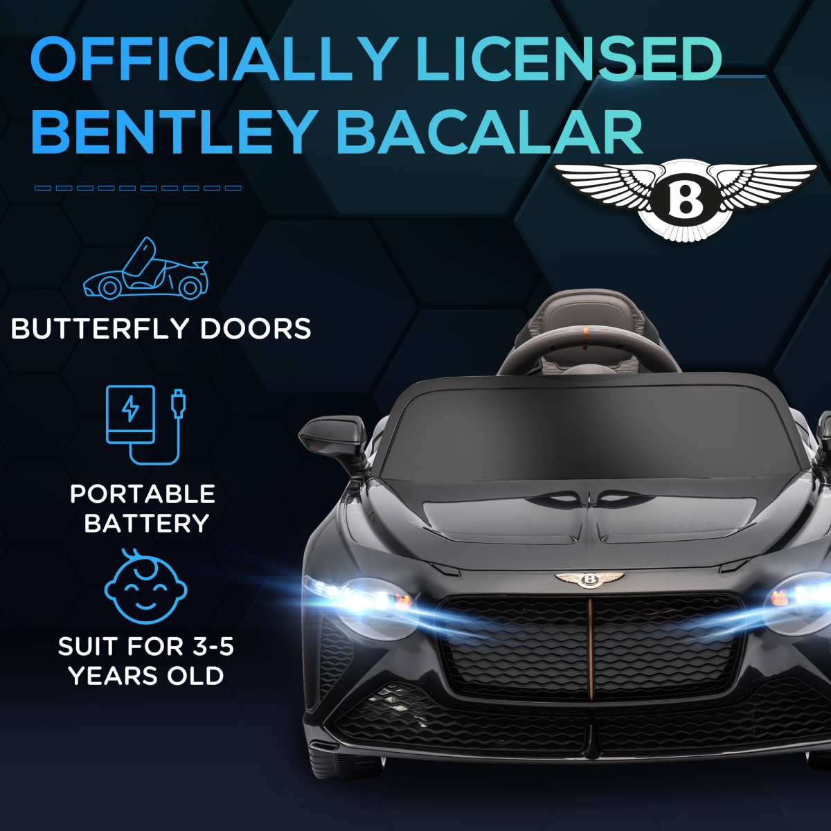 Bentley Bacalar 12V Kids Electric Car - Portable Battery, Sleek Black Design