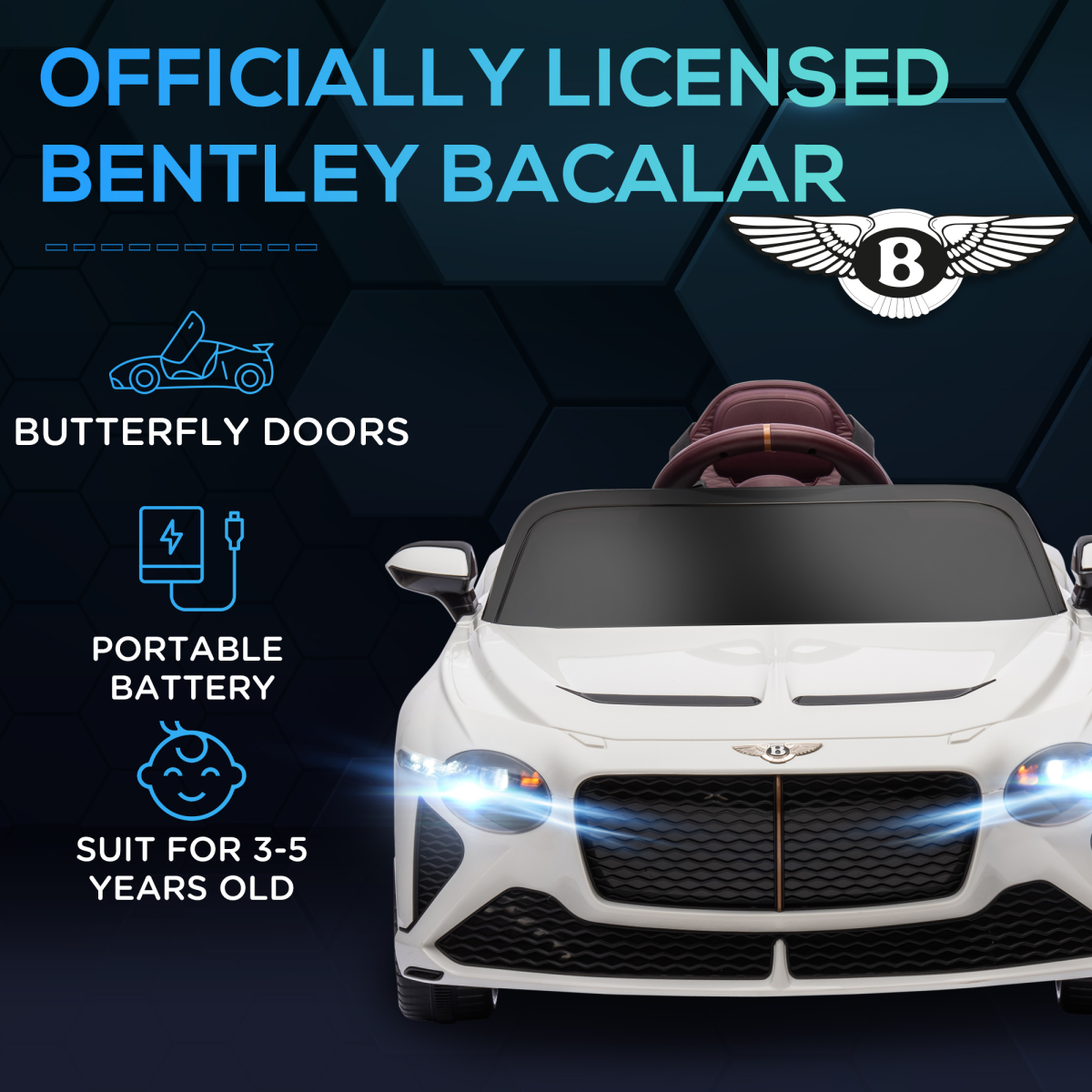 Luxury Bentley Bacalar 12V Kids Electric Car - White | Ultimate Ride for Ages 3-5