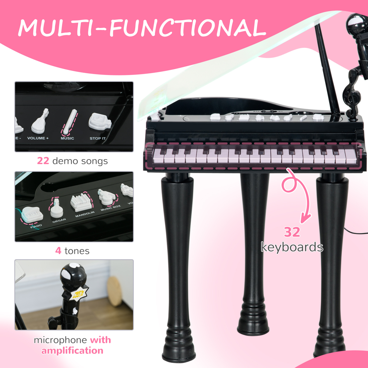 32-Key Kids Piano Keyboard Set with Microphone - Black