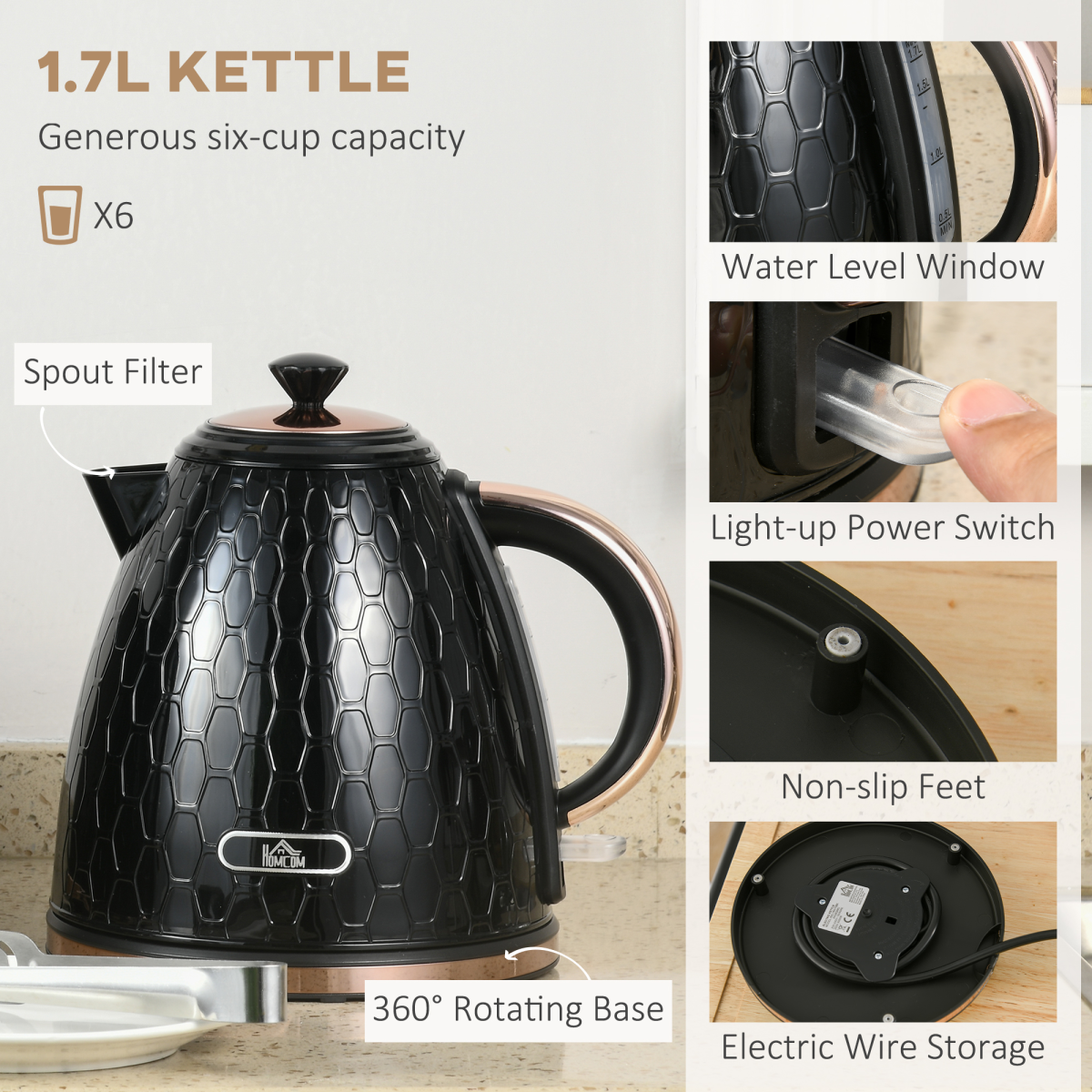 Stylish 1.7L Kettle & Toaster Set - Defrost, Reheat & Honeycomb Design!