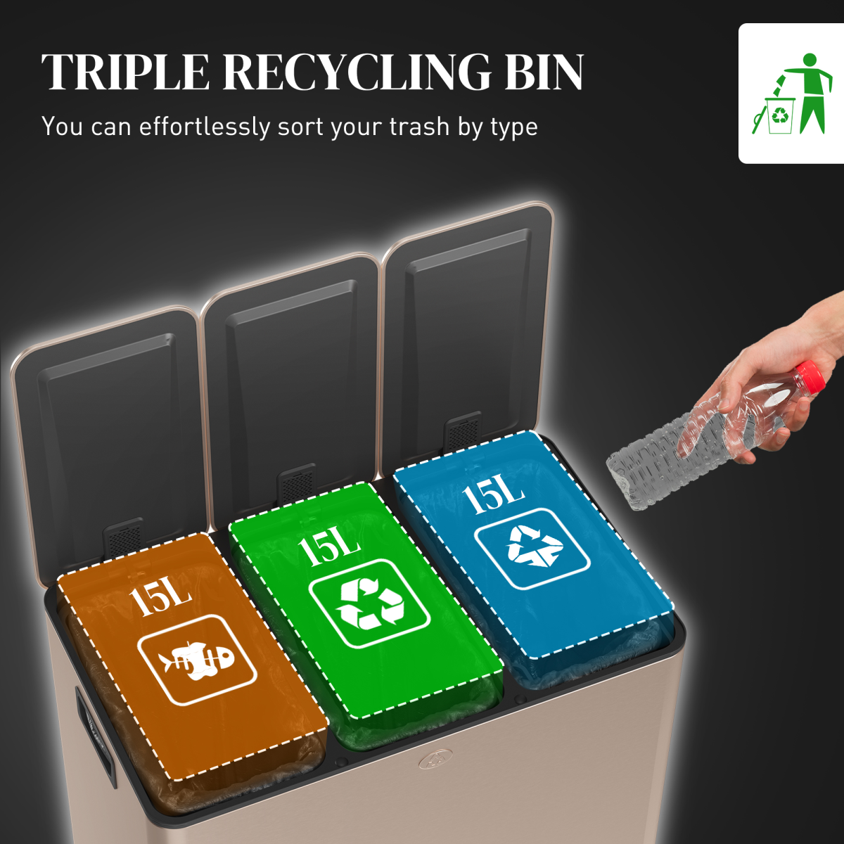 3 x 15L Triple Kitchen Bin Pedal Bin for Recycling and Waste, Gold Tone