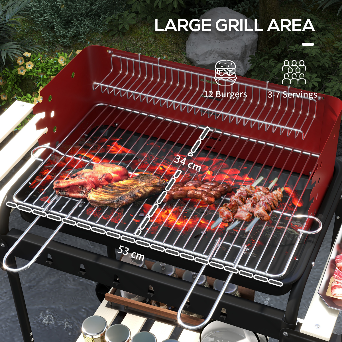 Charcoal BBQ Grill Trolley 5-Level Height & Storage Shelves