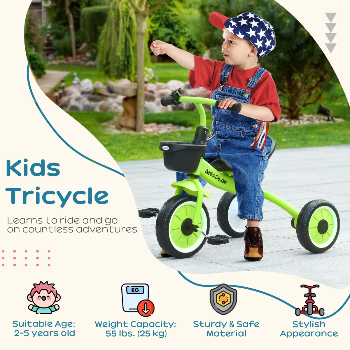 AIYAPLAY Adjustable Kids Tricycle 2-5 Year Old Green