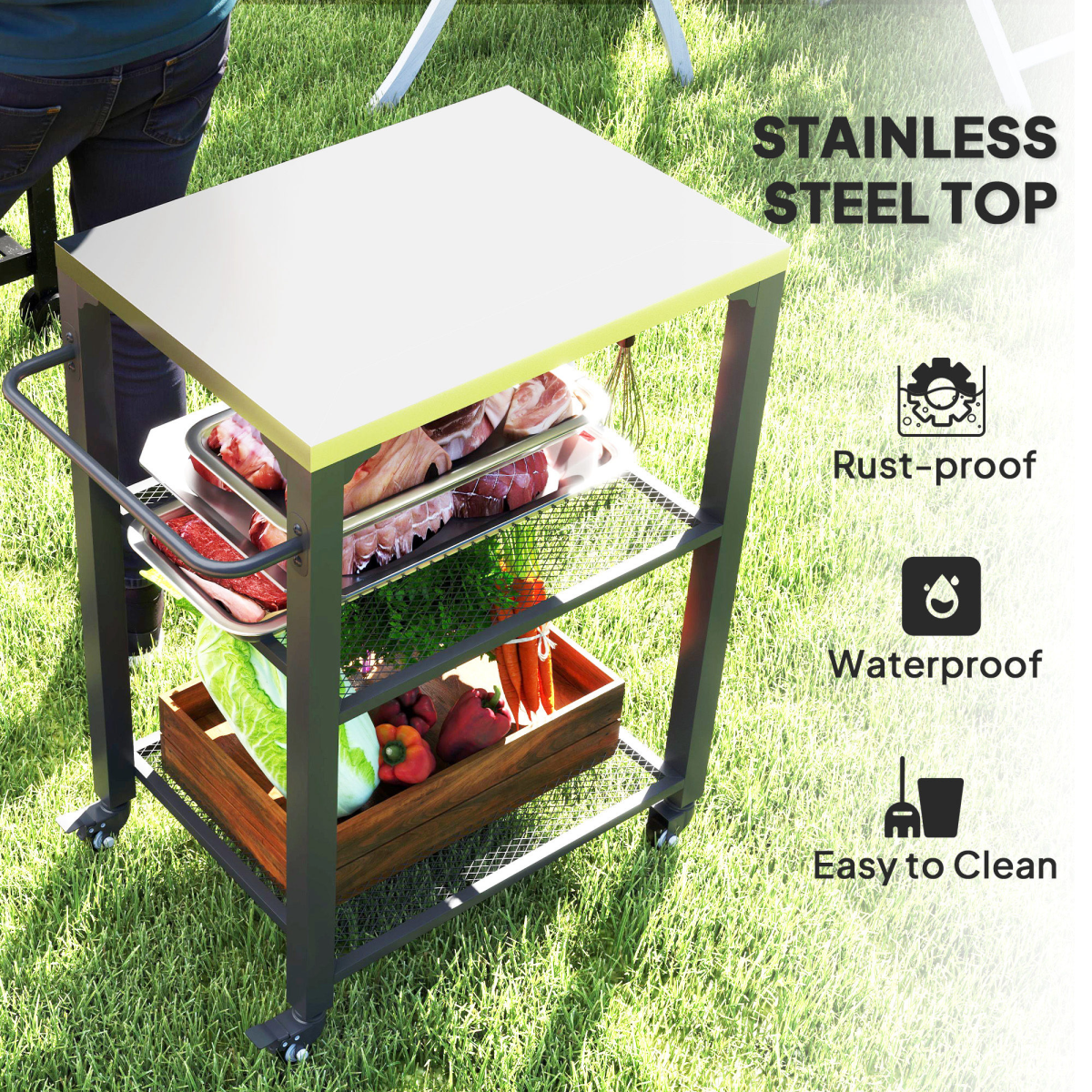 Stainless Steel 3-Shelf Outdoor Grill Cart