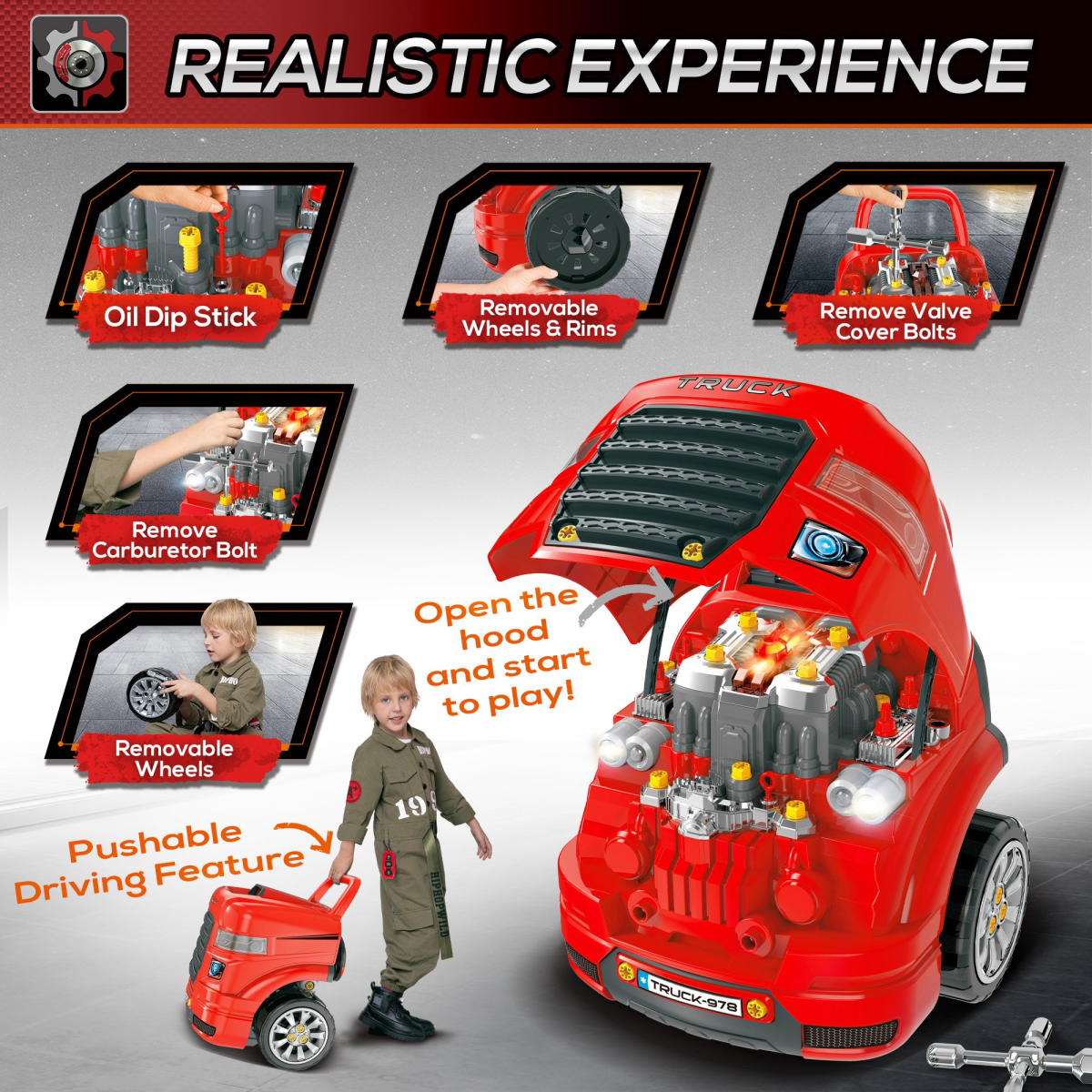 Ultimate Kids Truck Engine Toy Set with Horn & Lights - 61 Pieces of Fun!