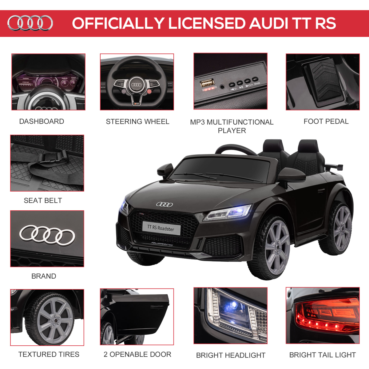 Licensed Audi TT Ride-On Car for Kids 12V Remote Control - Black