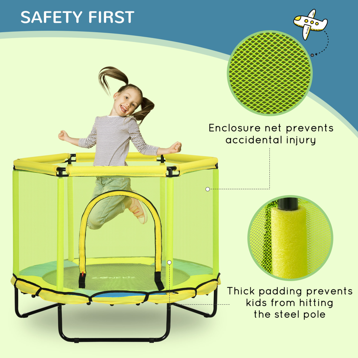 ZONEKIZ 4.6 FT Safe Indoor Bungee Trampoline with Enclosure Net for Kids