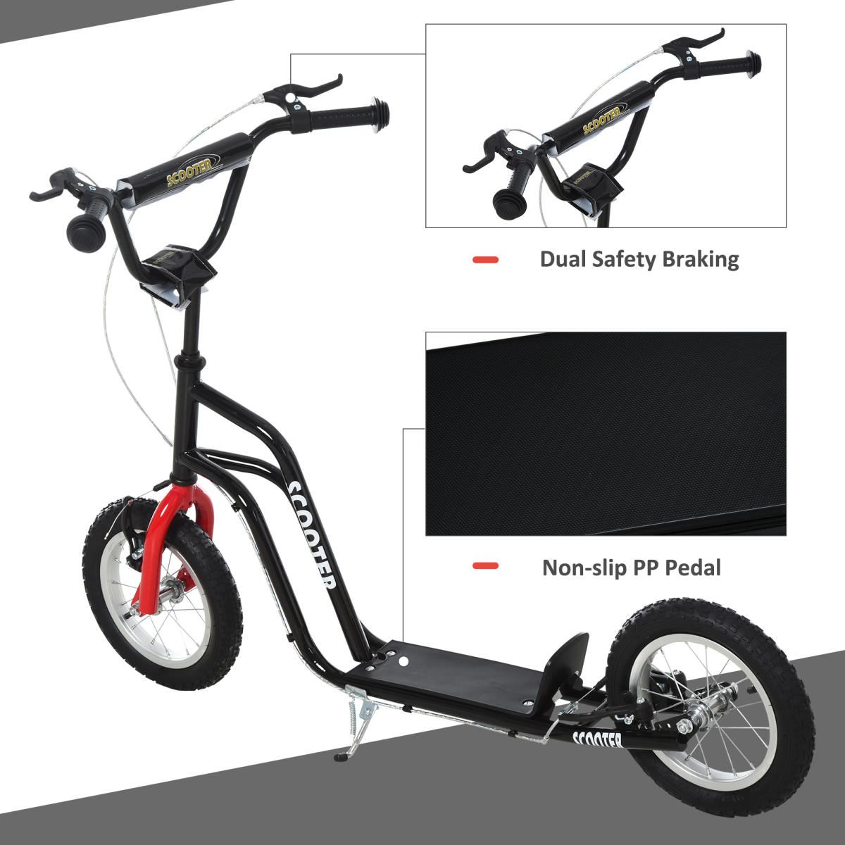 Adjustable Kids Kick Scooter with Inflatable Wheels - Black