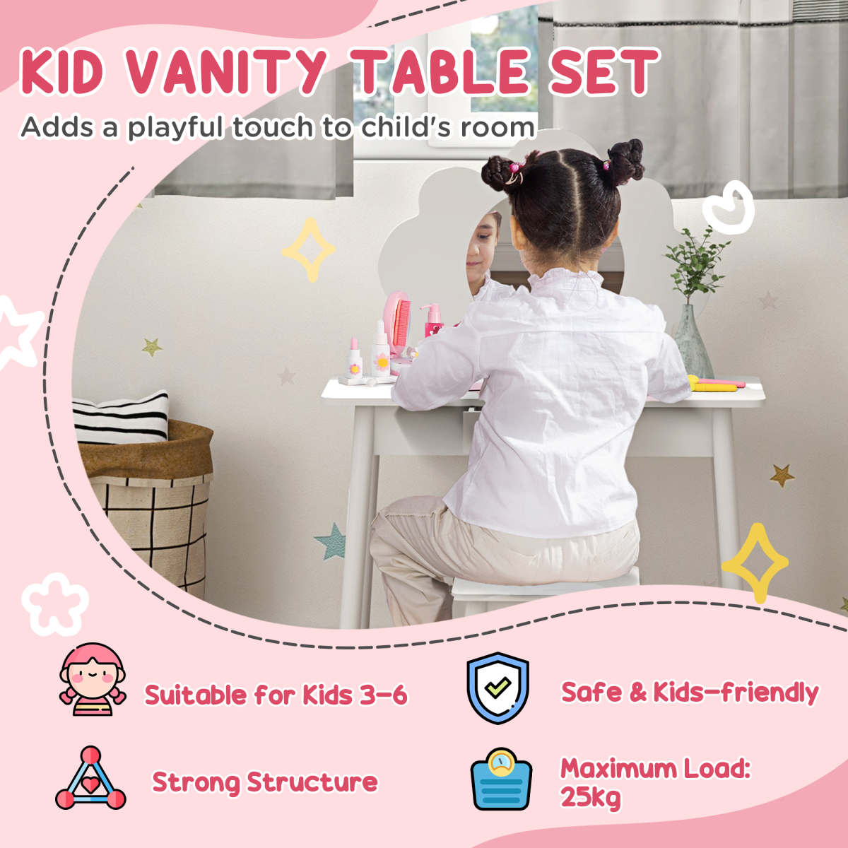 AIYAPLAY Cloud-Inspired Kids Dressing Table Set with Mirror & Stool