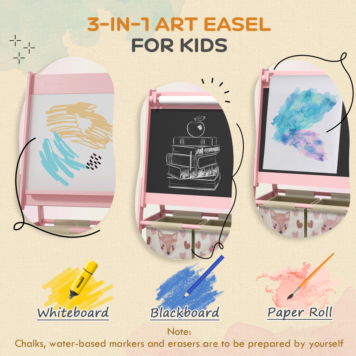 AIYAPLAY Creative Kids Easel Dual Sided Art Station with Storage - Pink