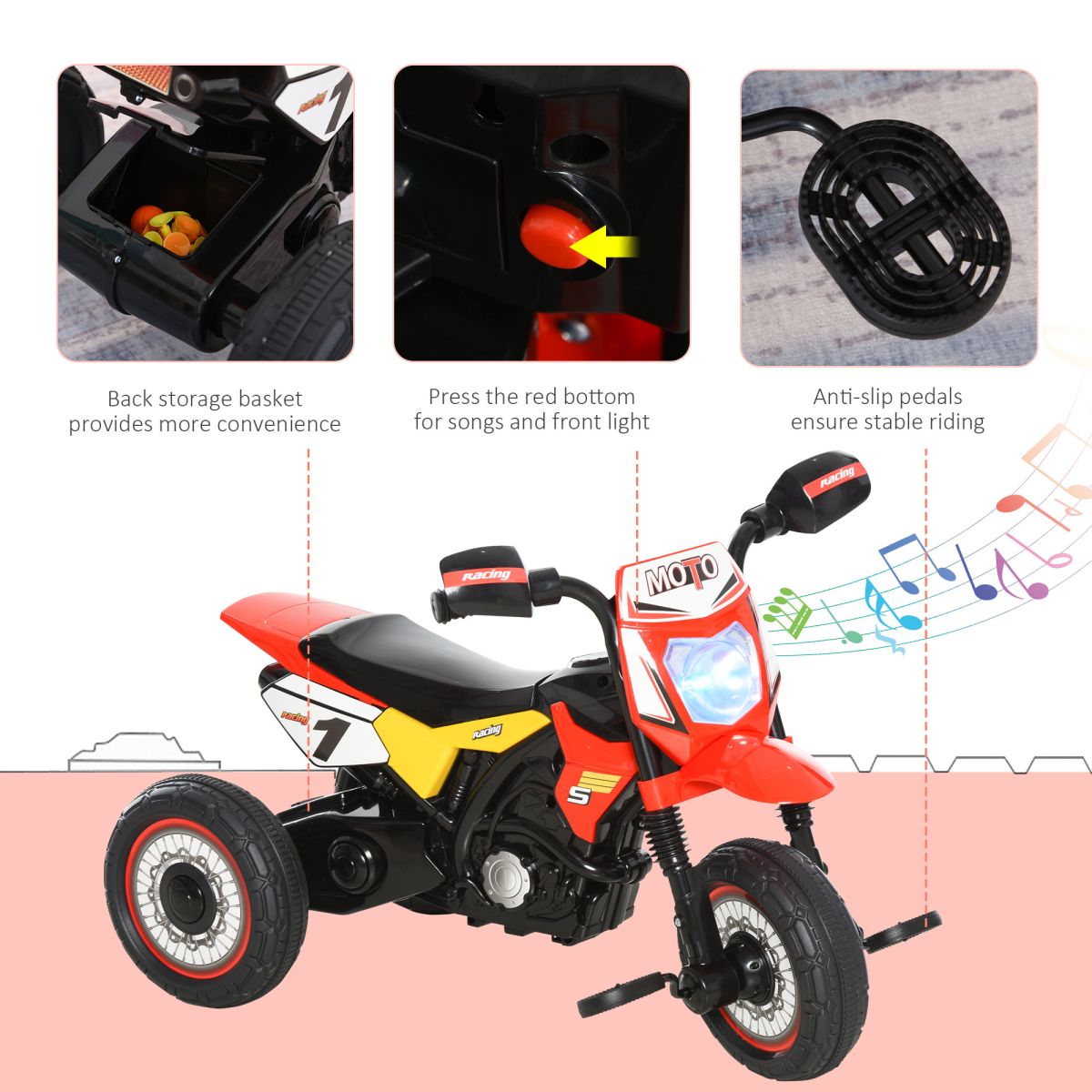 Bright Red Toddler Tricycle with Music & Lights