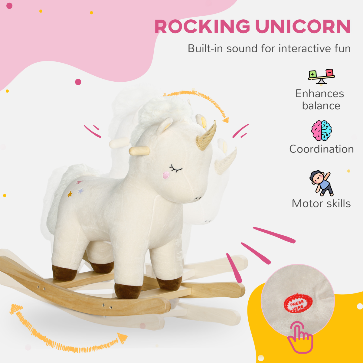 AIYAPLAY Unicorn Rocking Horse with Sounds for Ages 2-4