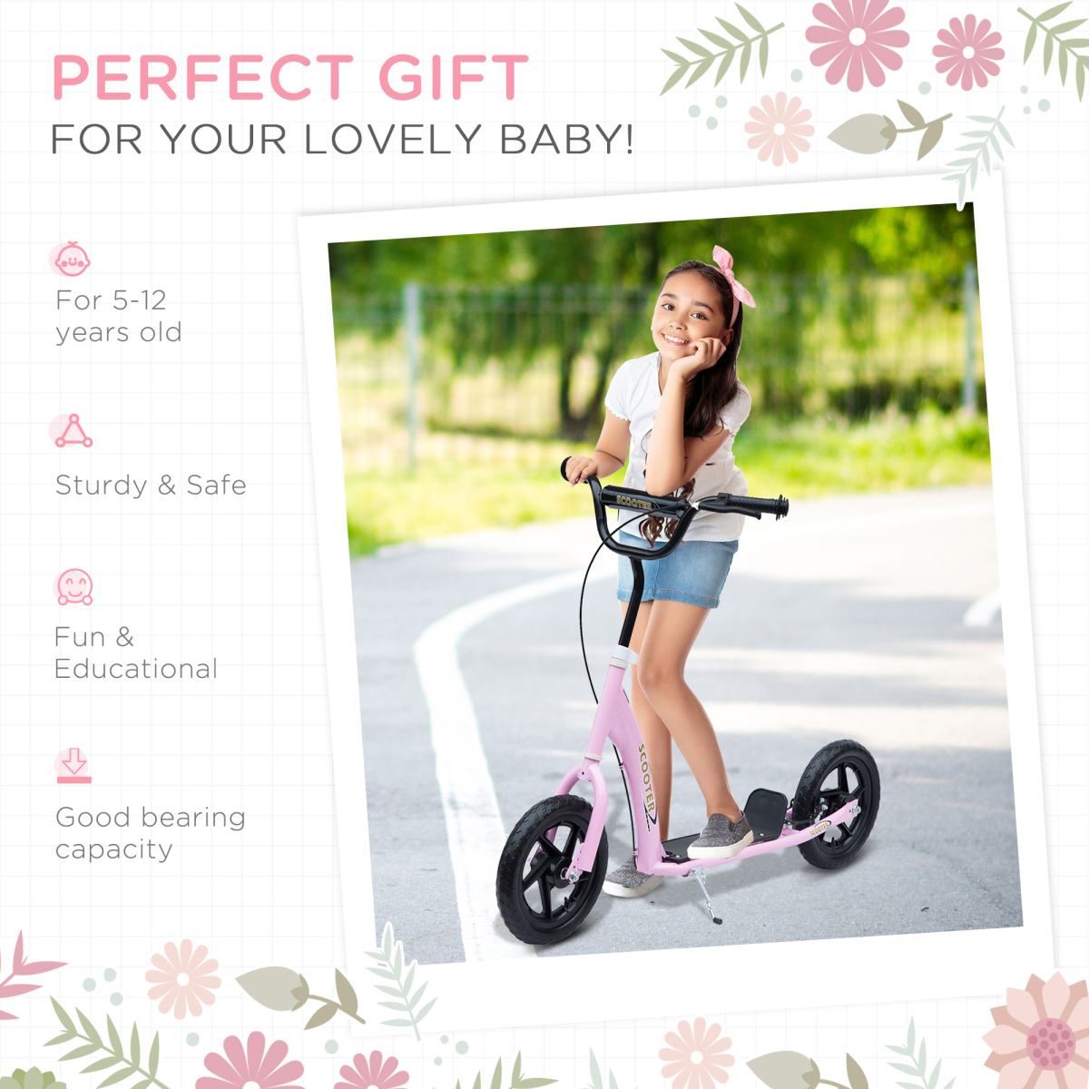 Push Scooter Teen Kids Stunt Bike Ride On with 12" EVA Tyres, Pink