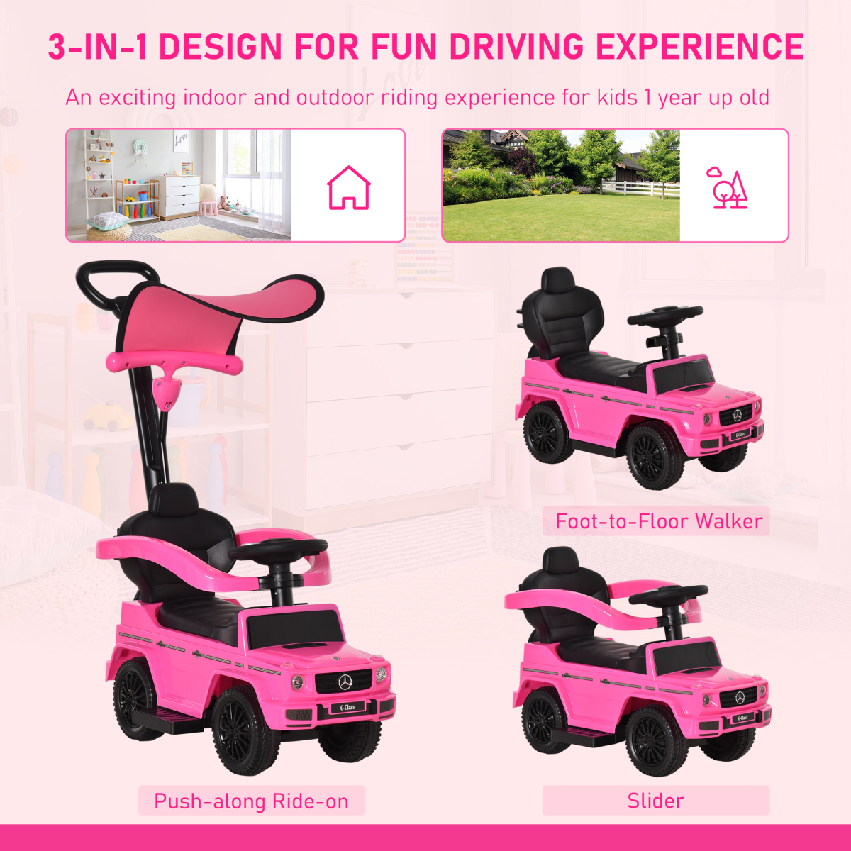 Mercedes G350 Ride-On Sliding Car Stroller for Kids - Pink