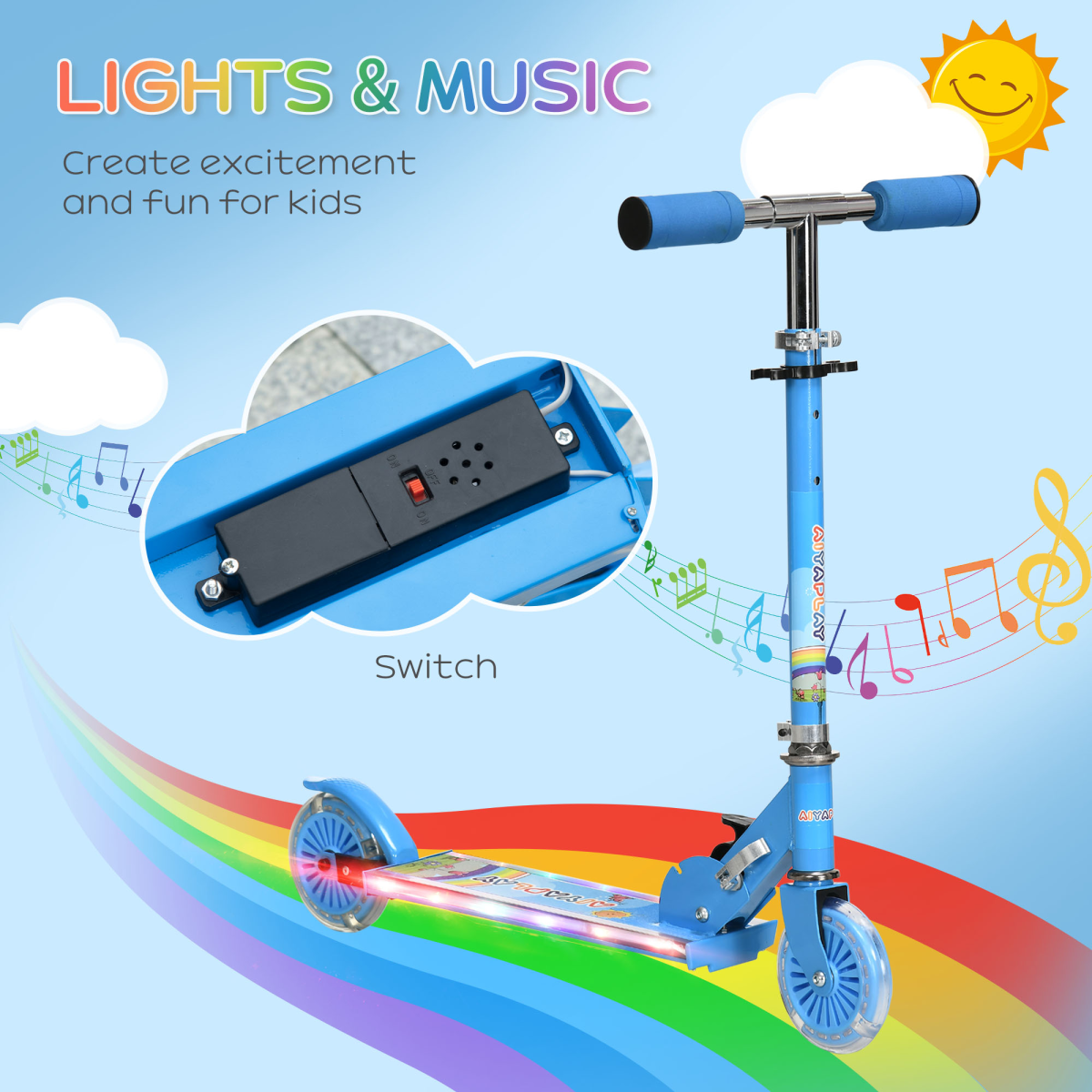 Scooter for Kids Aged 3-7 Years with Lights, Music, Adjustable Height - Blue