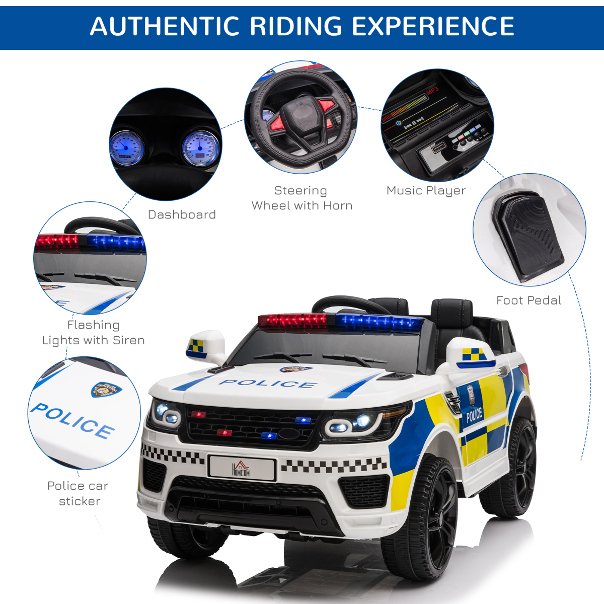 12V Electric Police Car Ride-On w/ Remote Siren & Bluetooth - Ages 3-6